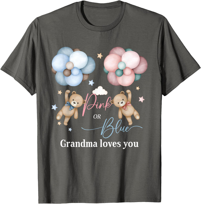 Bear Balloons Boy Or Girl Baby Gender Reveal Tee Bears Pink Or Blue Grandma Loves You Gender Reveal T-Shirt - Asphalt Grey