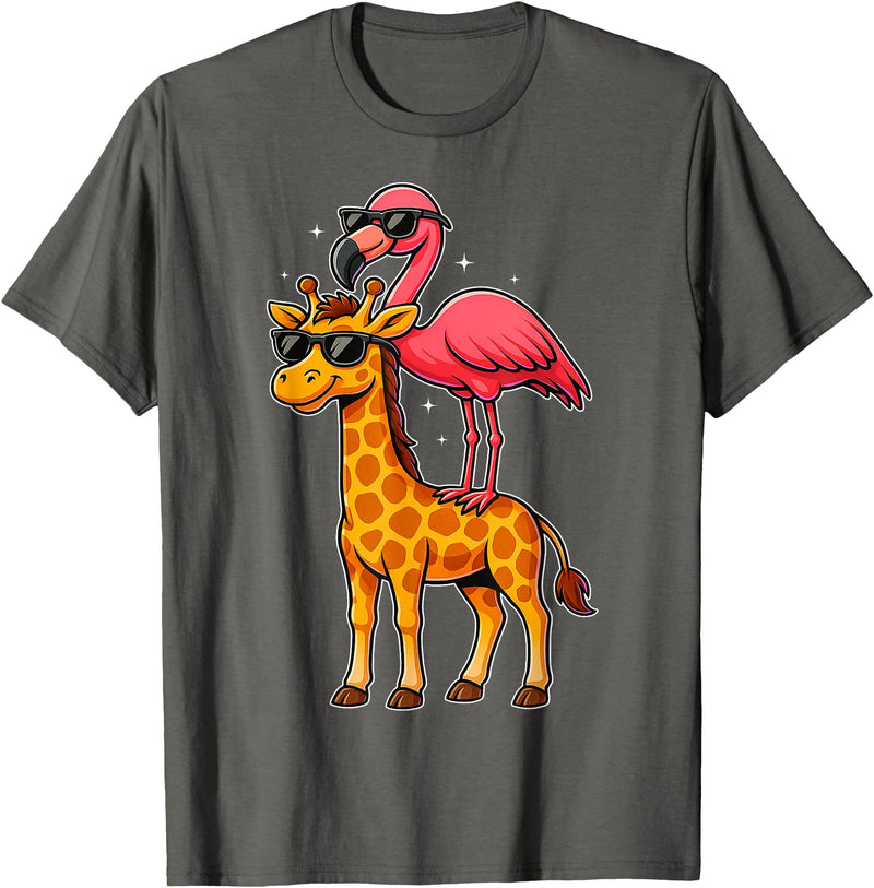 Funny Flamingo Riding Giraffe Cute Animals Funny Flamingo and Giraffe Cool Animals Friends T-Shirt - Asphalt Grey