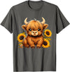 Cute Scottish Highland Cow Sunflower Highland Cow Farm T-Shirt - Asphalt Grey