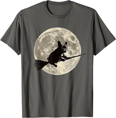 Frenchie Lovers Halloween Design Bulldog Witch Hat French Bulldog Halloween Frenchie Dog on Broom as a Witch T-Shirt for Men Women Kids