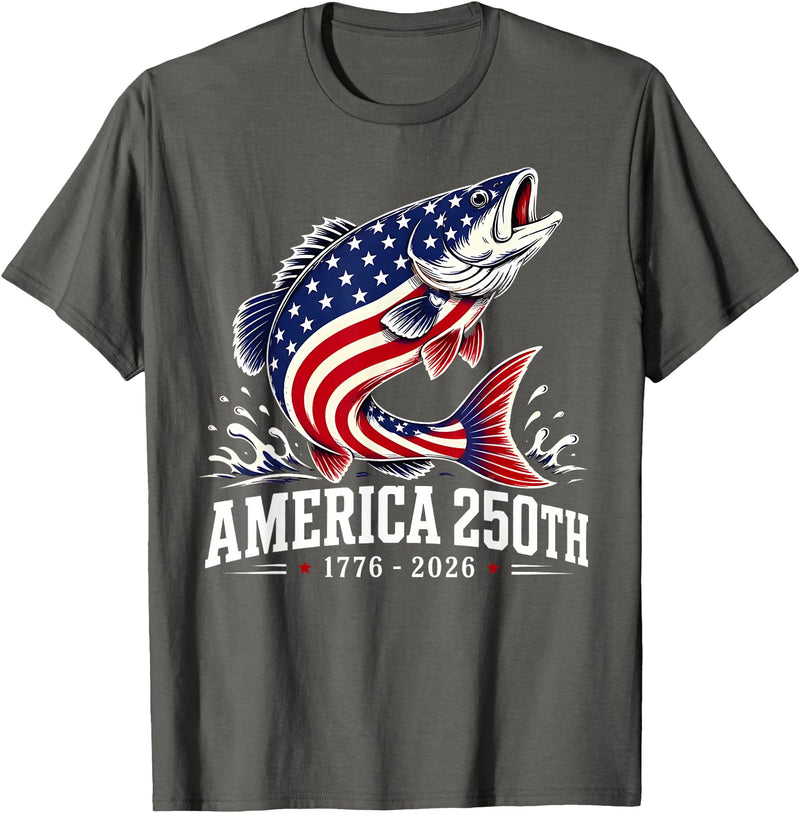250 America Years 1776 2026 Fishing USA Flag Patriotic Leaping Salmon American Flag Fishing 4th of July T-Shirt - Asphalt Grey