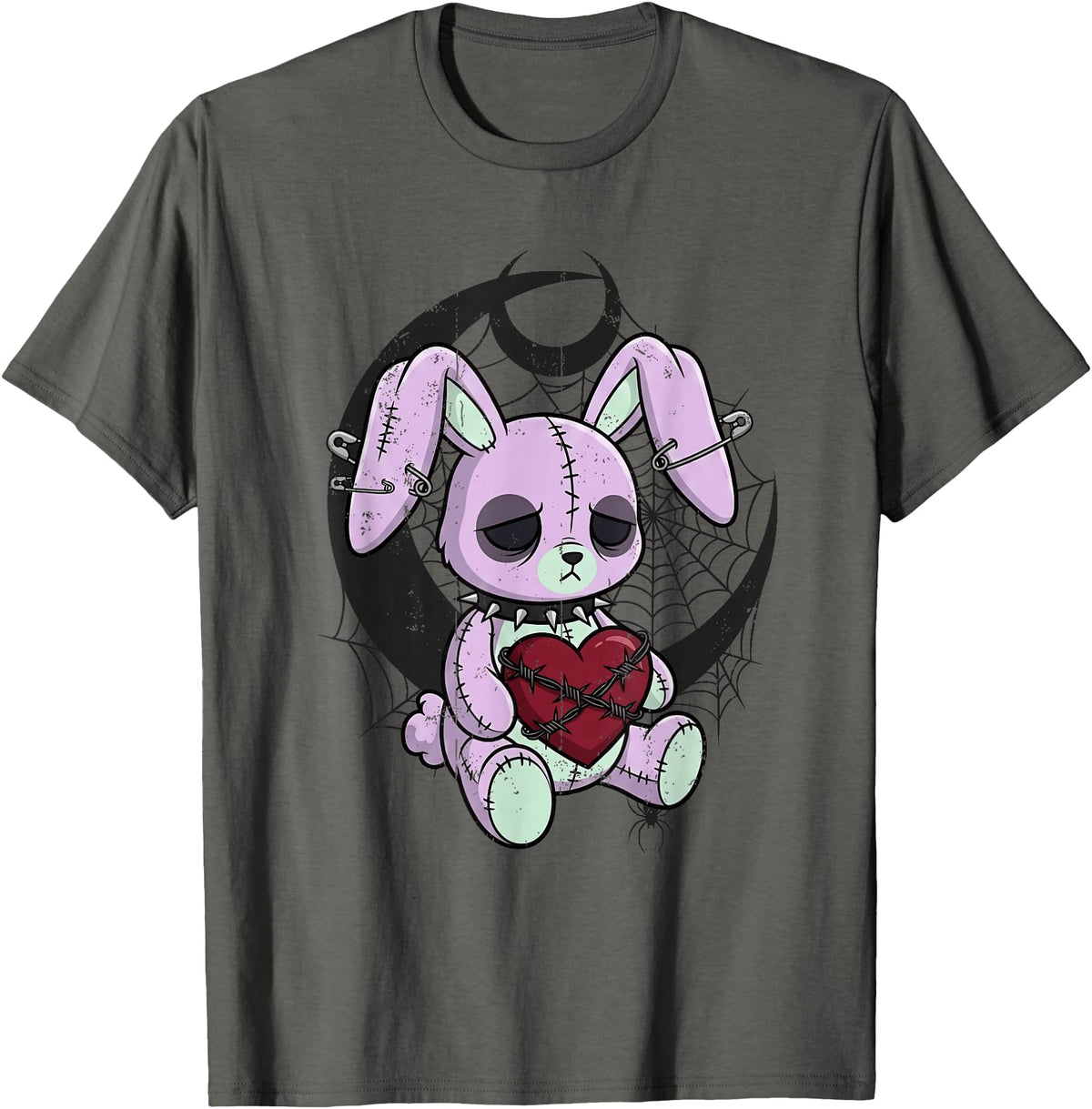 Creepy Cute Bunny Goth Heart Spiderweb Alt Pastel Rabbit T-Shirt in Asphalt Grey