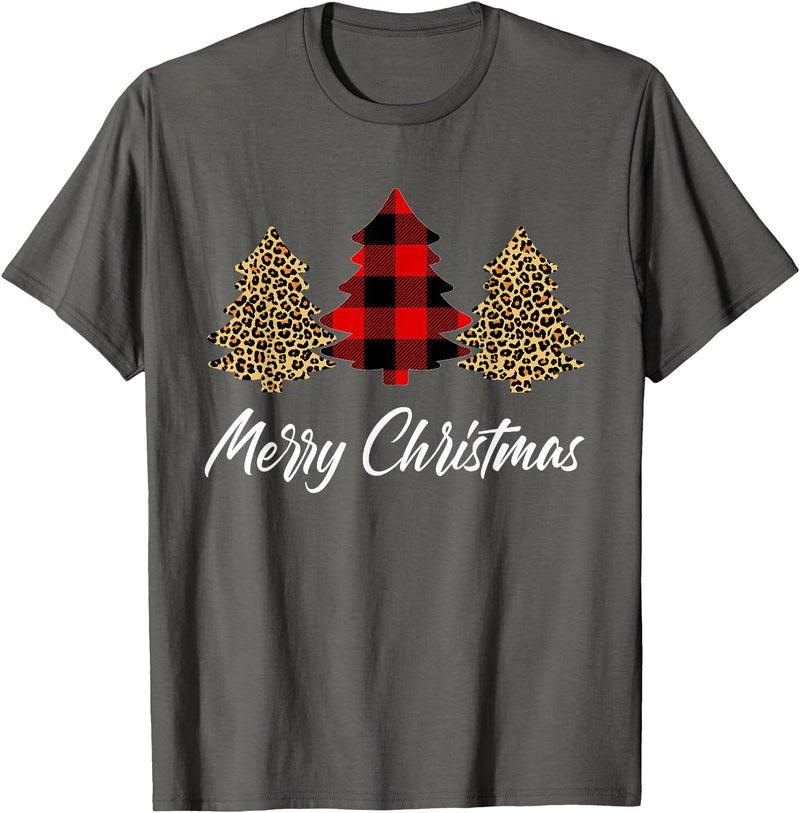 Merry Christmas Plaid Apparels Co. Merry Christmas, Leopard buffalo plaid Christmas tree Xmas T-Shirt - Asphalt Grey