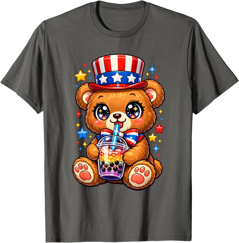 Kawaii Red White and Blue Fourth July Little Kids Cute Teddy Bear Patriotic 4th July Gift Bubble Boba Tea USA T-Shirt - Asphalt Grey