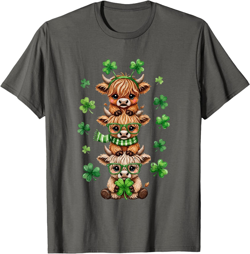 St Patricks Day Highland Cow Lucky Irish Shamrock Funny St Patrick's Day Highland Cow Lucky Shamrock Irish T-Shirt - Asphalt
