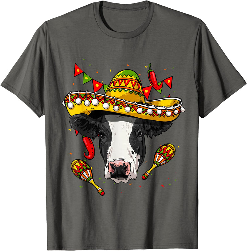 Wowsome! Cinco de Mayo Cow Mexican Lover Sombrero Cow T-Shirt - Asphalt Grey
