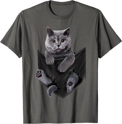 Cat Craze Tees British Grey Cat in Pocket T-Shirt Cats Tee Shirt Gifts T-Shirt