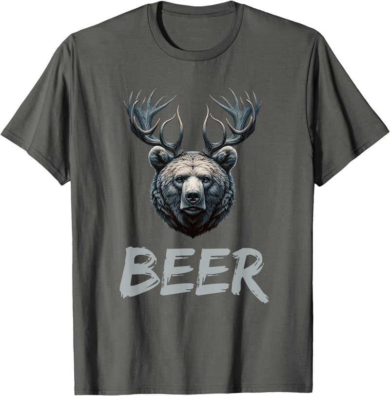 Bear With Antlers Drinker Party Deer Beer Beer Bear Deer Grizzly Bear With Antlers Beer T-Shirt - Asphalt Grey