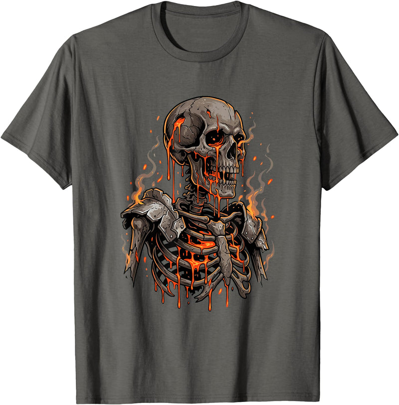 Molten Skull Fire Horror Skeleton Art Designs Spooky Halloween Skull Skeleton Fire Dark Fantasy T-Shirt - Asphalt Grey