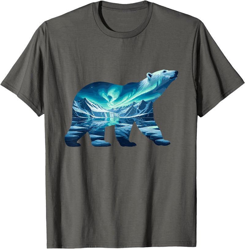Arctic Wildlife Aurora Borealis Polar Bear Nature Northern Lights Polar Bear Arctic Landscape T-Shirt - Asphalt Grey