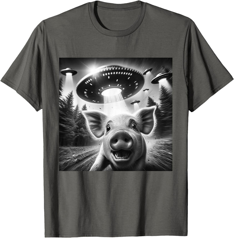 Funny Pig UFO Alien Pig Graphic Designs Funny Pig UFO Alien Pig Graphic Men Women T-Shirt - Asphalt Grey