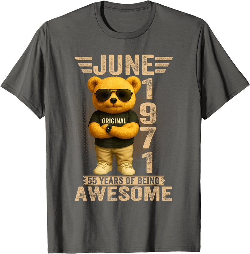 June 1971 55th Birthday Gifts for Men Women 55 Year Old June 1971 Teddy Bear 55th Birthday Men Women T-Shirt - Asphalt Grey