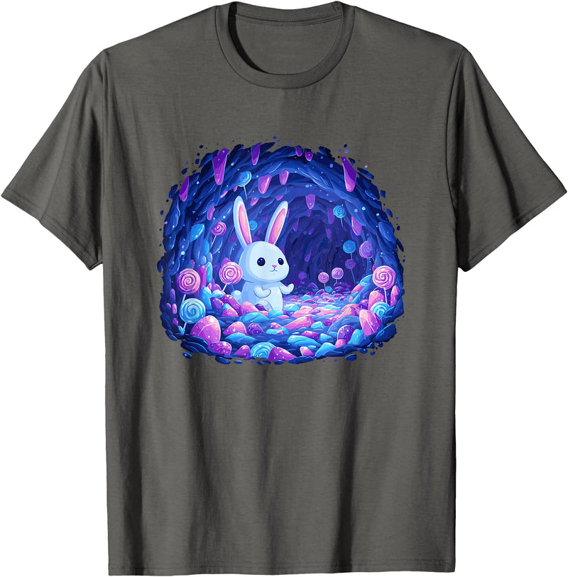 Enchanting Bunny in Candy Cave Fantasy World T-Shirt in Asphalt Grey