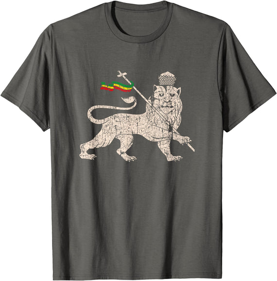 Rastafari Apparel by Usurper Vintage Rastafari Lion of Judah Rasta Ethiopia Flag T-Shirt - Asphalt Grey