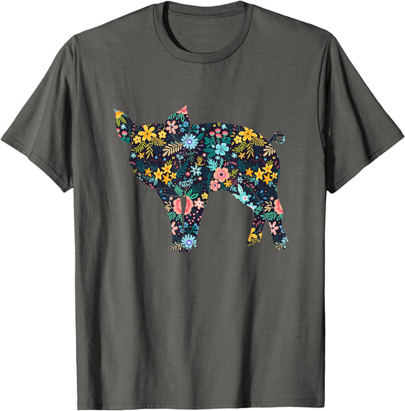Animal Hog Floral Silhouette Pig Lover Floral Piglet Silhouette Womens Girls Graphic Pig T-Shirt - Asphalt Grey