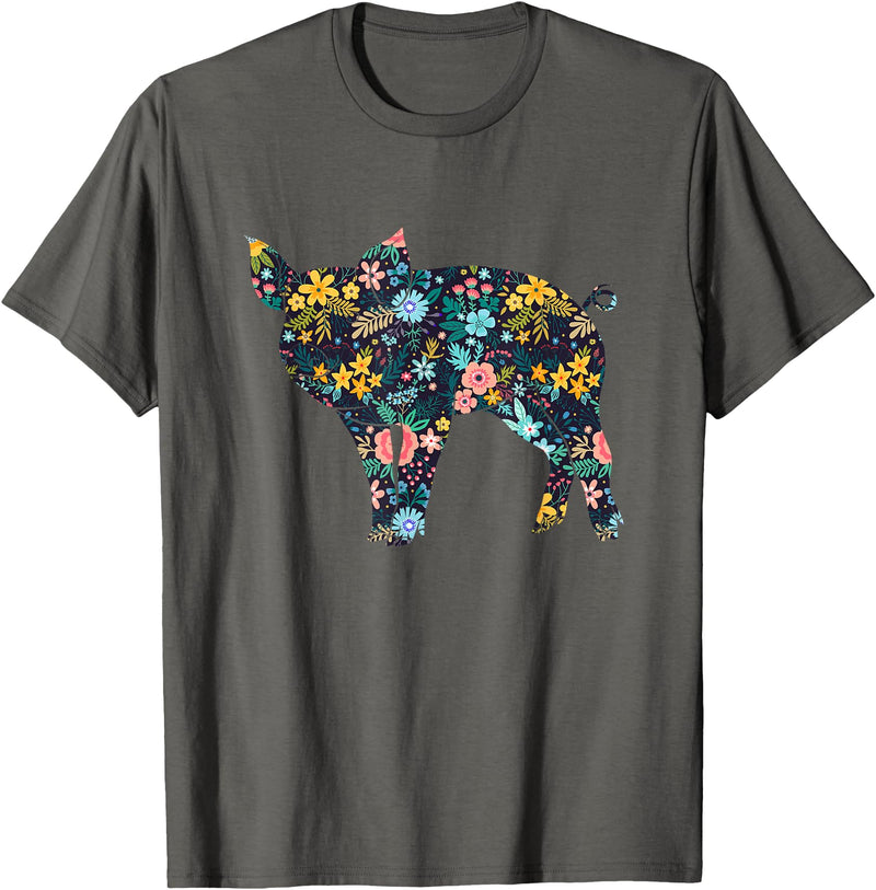 Animal Hog Floral Silhouette Pig Lover Floral Piglet Silhouette Womens Girls Graphic Pig T-Shirt - Asphalt Grey