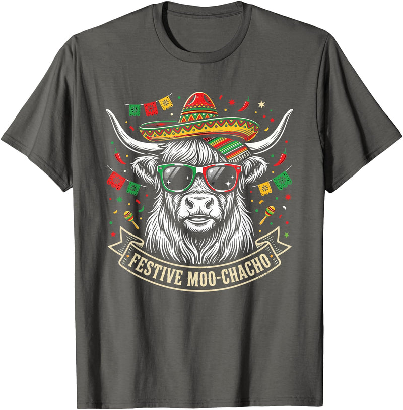 Cinco De Mayo Fiesta Moo Tees Vintage Highland Cow Cinco De Mayo Funny Retro Fiesta Design T-Shirt - Asphalt Grey