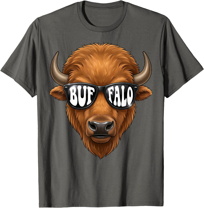 generic Buffalo with Sunglasses Wildlife Graphic for Men Women Kids T-Shirt - Asphalt Grey
