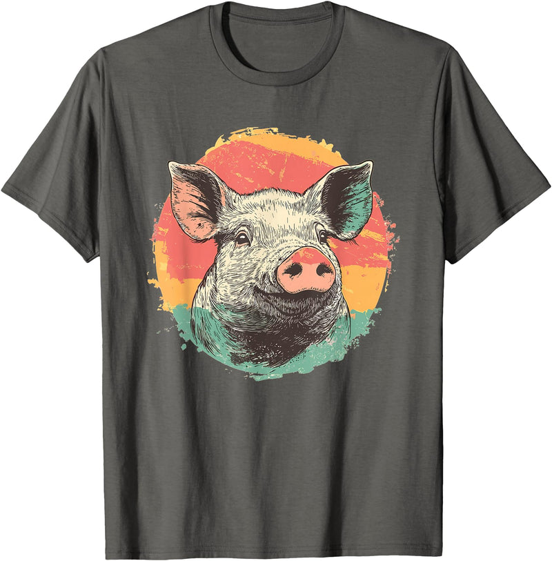 Pig Lovers Retro Vintage Farm Animal Art Vintage Pig Sunset Retro Farm Style Animal T-Shirt - Asphalt Grey