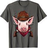 Wowsome! Cowboy Pig Western Rodeo Cowboy Hat and Bandana T-Shirt - Asphalt Grey