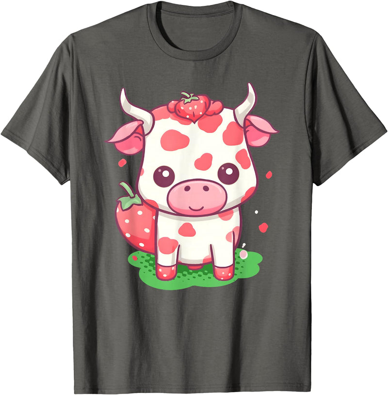 Strawberries Cow Baby Animal Kids Cute Apparel Cow Strawberry Cute Kawaii Pink Pastel Strawberry Milk Farm T-Shirt - Asphalt