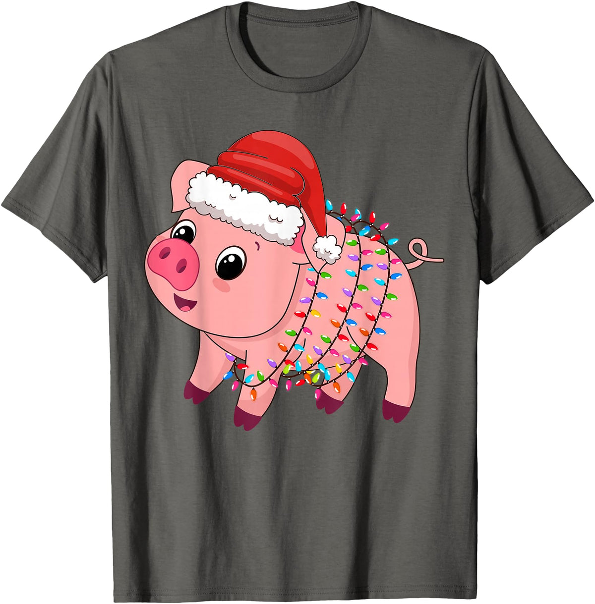 Pig Christmas Gifts Men Women Kids Co. Christmas Lights Pig Wearing Xmas Hat - Pig Lover Farmer T-Shirt - Asphalt Grey