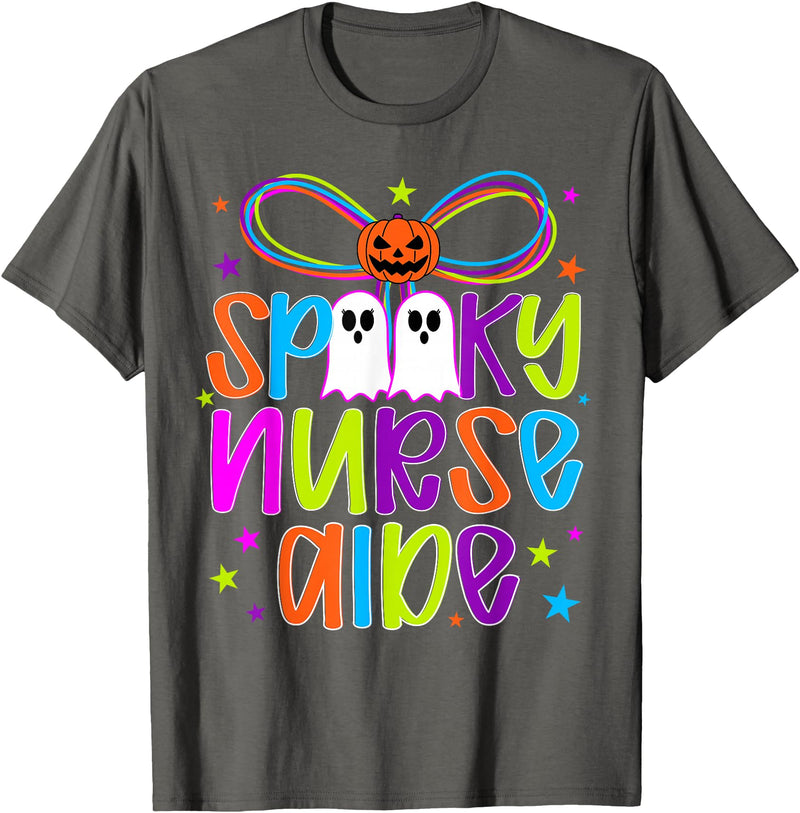 Coquette Halloween Nurse Aide Ghost Spooky Nurse Aide Halloween Nursing Aide Preppy T-Shirt - Asphalt Grey