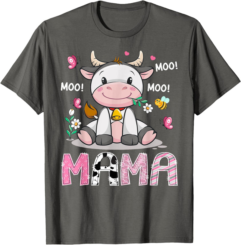 Pink Birthday Girl Party Cow Lover Mama Cute Cow Pink Farm Moo Moo Birthday Girl Matching T-Shirt - Asphalt Grey