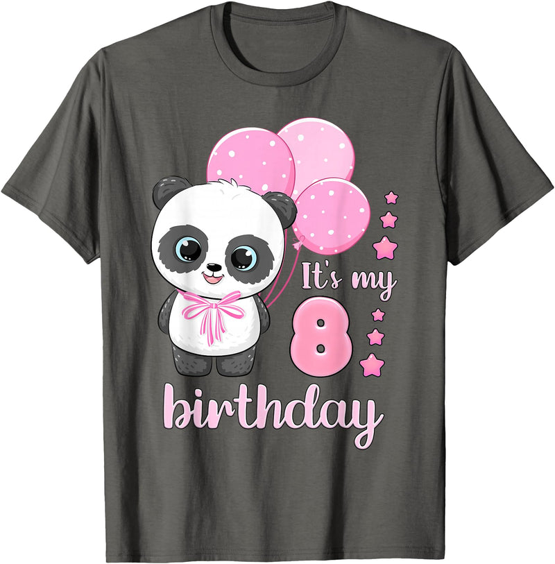 Birthday Gifts for Girls by Content Design Studio Birthday Girl 8 Panda Pink Balloons T-Shirt - Asphalt Grey