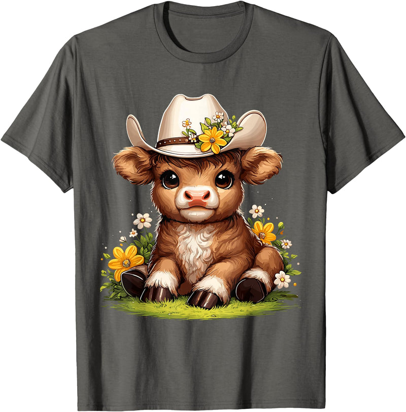 Cute Scottish Highland Cow Lovers Scottish Highland Cow Flowers Cattle Hairy Cow T-Shirt - Asphalt Grey