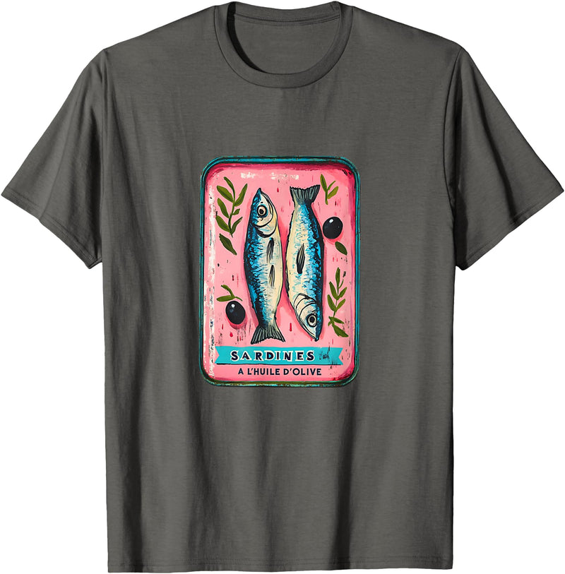 Coastal Nautical Sardine Apparel Co. Sardines Fish Tin Womens Salty Summer Fisherman Cute Top T-Shirt - Asphalt Grey
