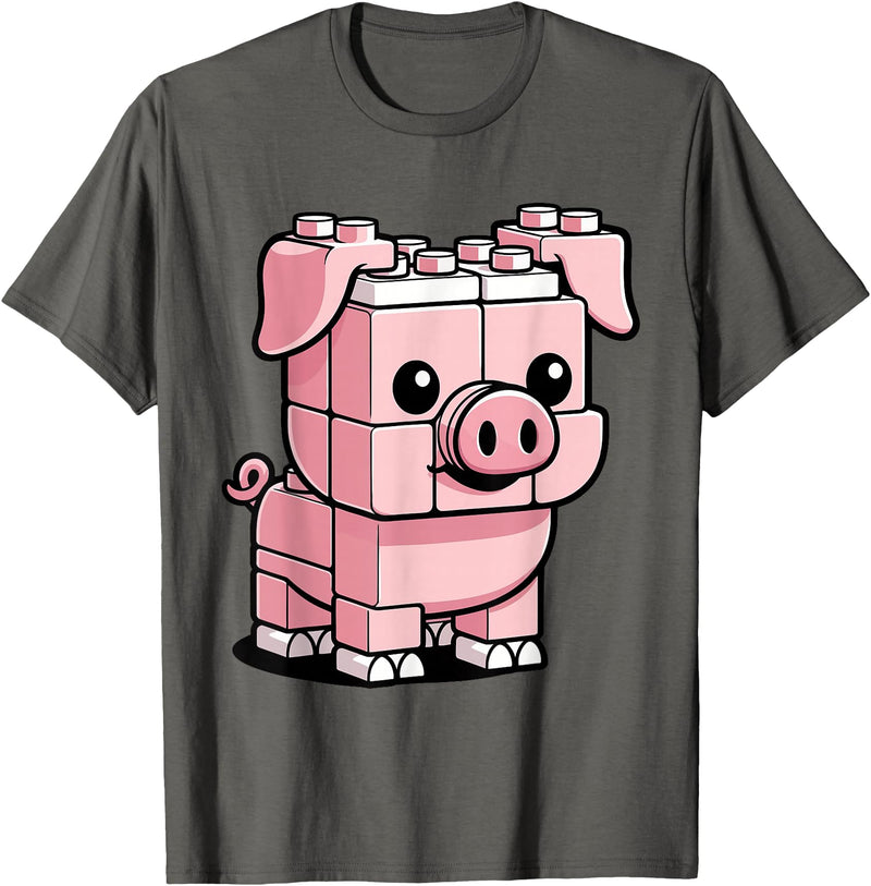 BlockPals DM Funny Pink Brick Pig Building Blocks Farm Animal Character T-Shirt - Asphalt Grey
