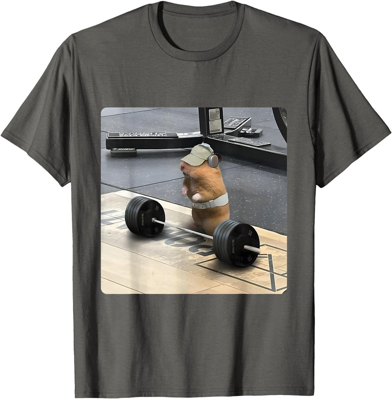 Hamster Deadlift Training Funny Cute Rat Weightlifting Meme T-Shirt - Asphalt Grey