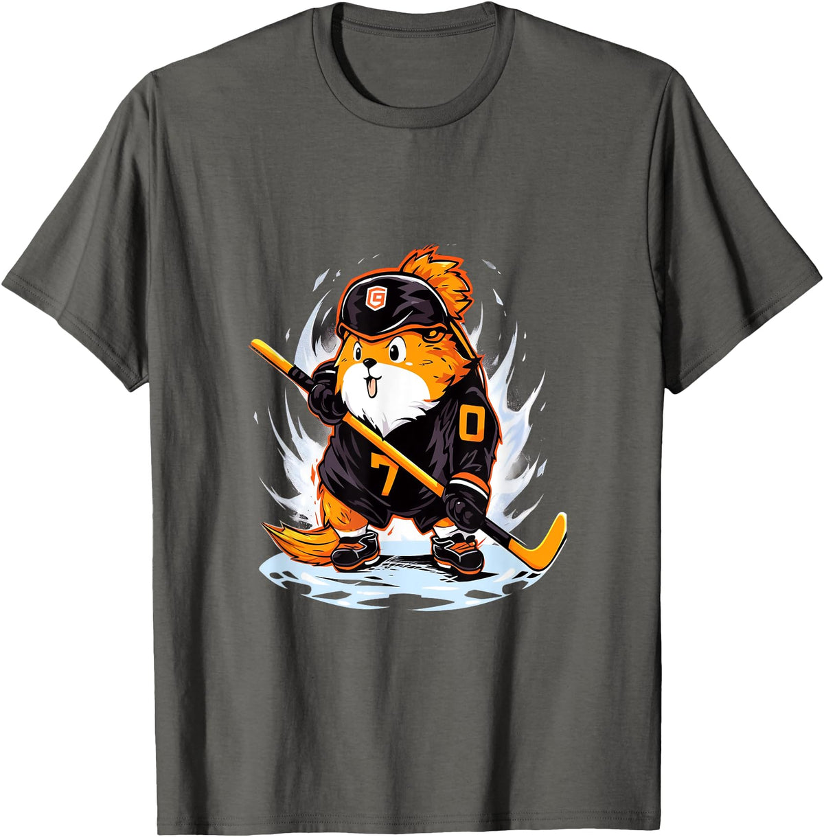 Ice Hockey Winter Sports Guinea Pig Ice Hockey Player Hockey Stick Goalie T-Shirt - Asphalt Grey