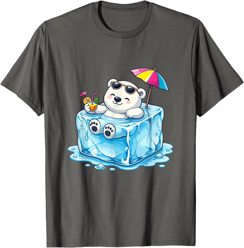 Cool Polar Bear Summer Ice Cube Relax Chill Polar Bear On Ice Cube Summer Vacation T-Shirt - Asphalt Grey