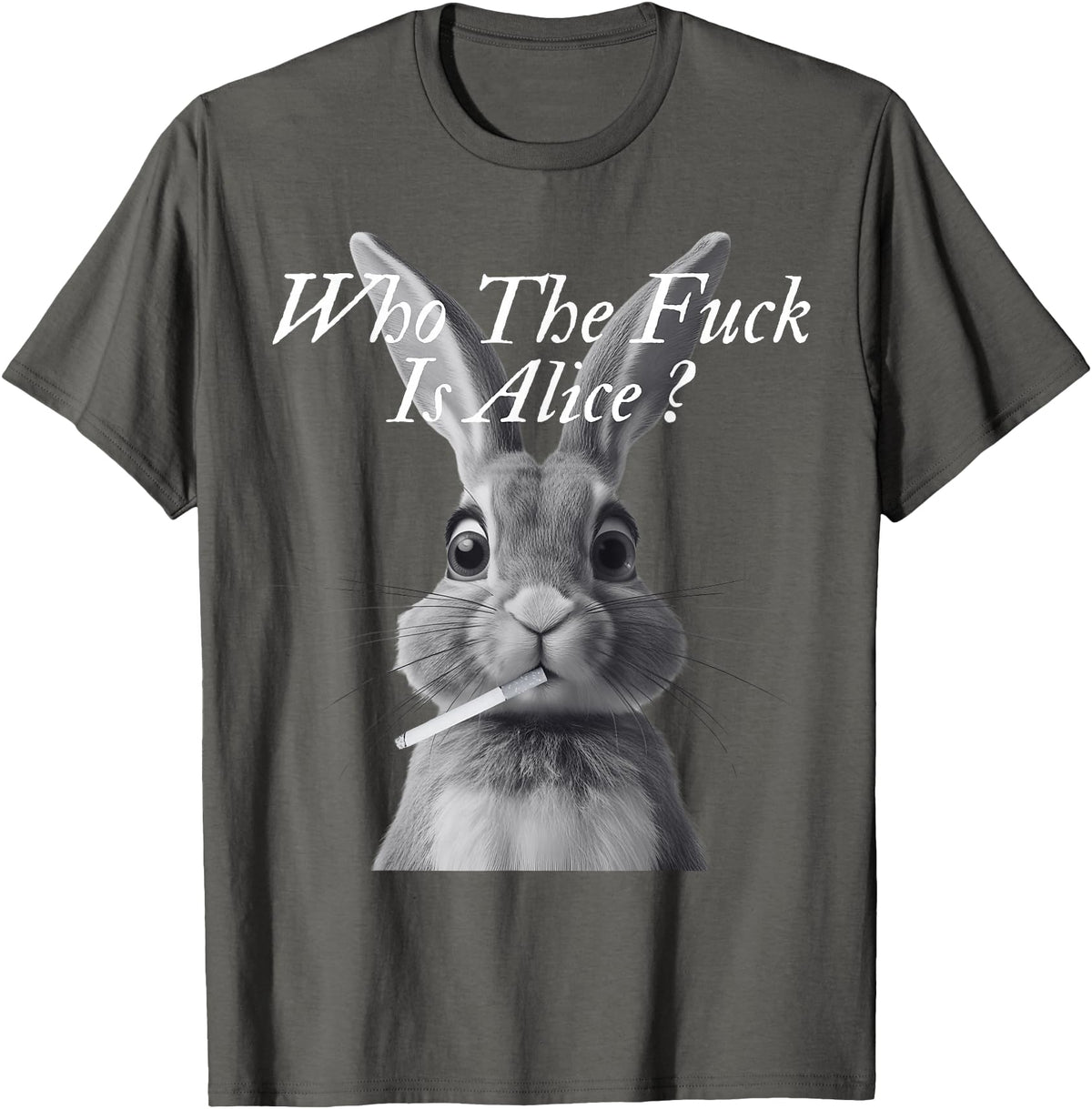 Retro Who the F_ck Is Alice Funny Rabbit T-Shirt in Asphalt Grey