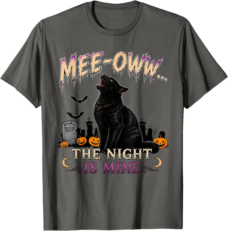 Midnight Moonlight Halloween Studio Mee OWW Black Cat Halloween Moon Graphic Design Men Women T-Shirt - Asphalt Grey
