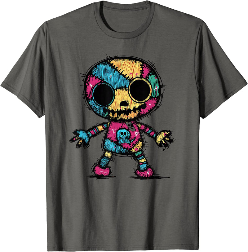 Colorful Punk Rock Goth Skeleton Halloween Colorful Skull Patchwork Skeleton Art T-Shirt - Asphalt Grey
