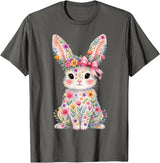 Cute Pink Flower Bunny Rabbit Happy Easter Women Girls T-Shirt in Asphalt Grey