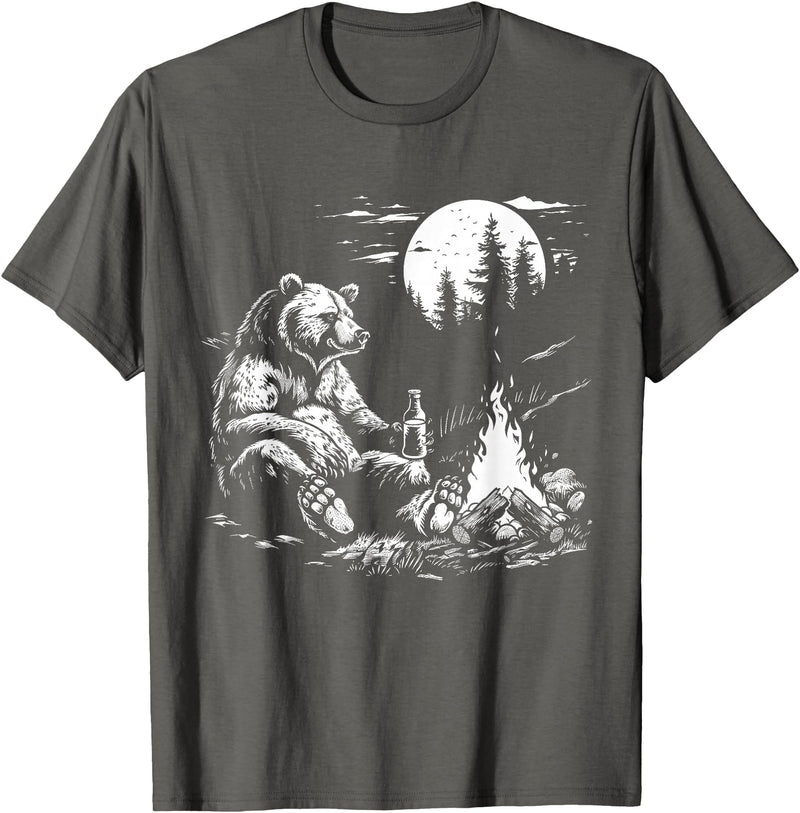 Camping Grizzly Bear Camping Bear Drinking Beer Hiking Nature Funny Grizzly Bear T-Shirt - Asphalt Grey