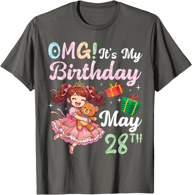 H1Shop Happy Birthday Born On May 28 OMG It's My Birthday Born On May 28th Girl with Present Bear T-Shirt - Asphalt Grey