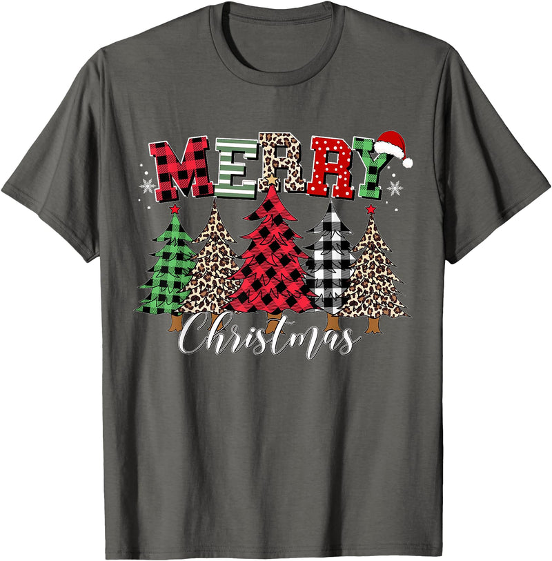 Merry Christmas Leopard Buffalo Red Plaid for Men Women T-Shirt - Asphalt Grey
