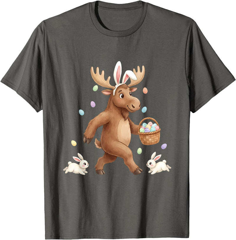 Cute Easter Bunny Rabbit with Eggs Whimsical Moose Design T-Shirt in Asphalt Grey