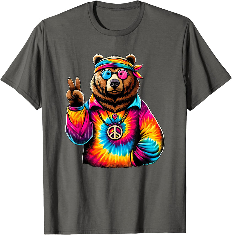 Grizzly Bear Hippie Costumes Peace Sign Tie Dye Grizzly Bear T-Shirt - Asphalt Grey