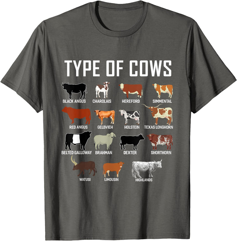 COW Designs By ShirtZilla Types of Cows Shirt Farmer Tee Shirt Costume Cow T-Shirt - Asphalt Grey