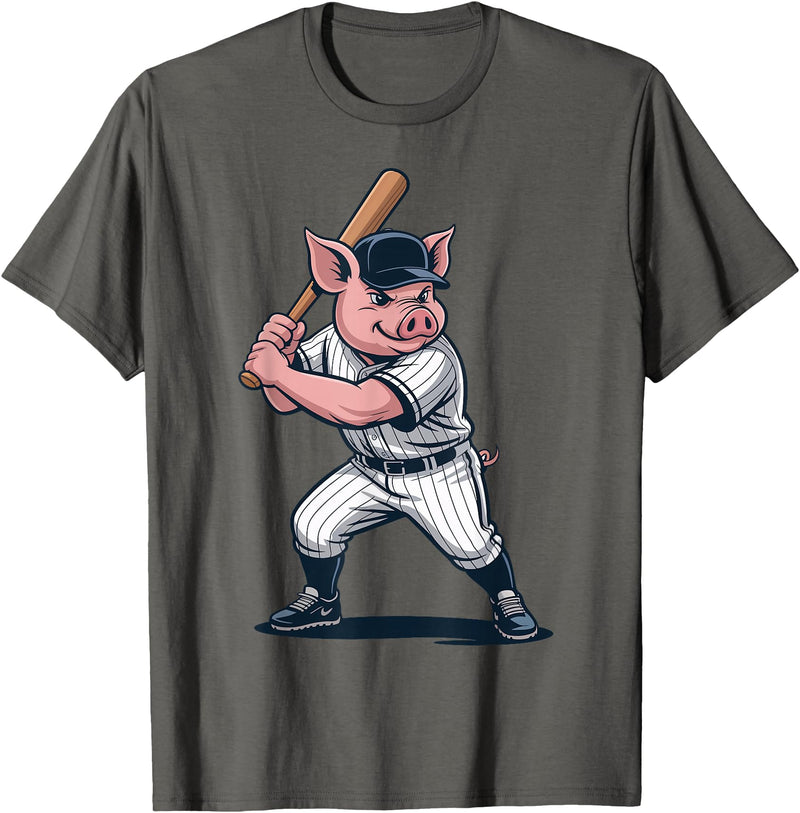 Pig Animal Baseball Lovers Graphic Funny Pig Playing Baseball Artwork Vintage Animal Baseballer T-Shirt - Asphalt Grey