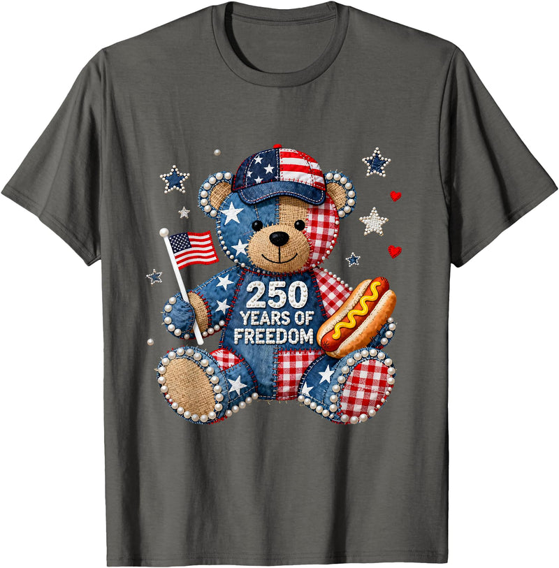 Patriotic Bear USA Vintage Co 250 Years of Freedom Patriotic Bear USA Retro T-Shirt - Asphalt Grey