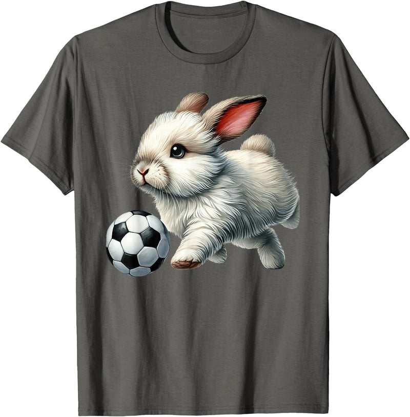 Cute Bunny Soccer Player Rabbit Kicking Ball T-Shirt in Asphalt Grey
