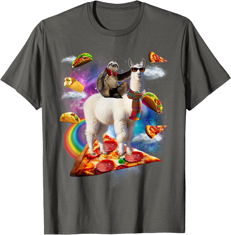 Funny Rainbow Sloth Llama in space Co. Sloth Llama Galaxy Pizza Taco Burrito Rainbow Funny Surreal T-Shirt - Asphalt Grey
