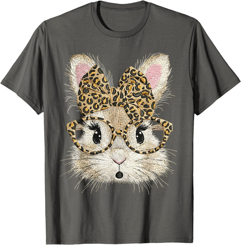 Funny Bunny Face Glasses Bandana Leopard Rabbit Happy Easter T-Shirt in Asphalt Grey